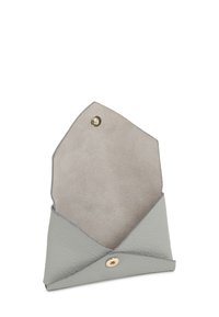 Gray leather envelope-style pouch with a soft suede interior, featuring a gold snap closure and angular top design.