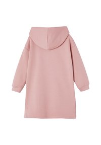 Rosa Hoodie-Kleid aus weichem Stoff. Hat lange Ärmel, eine geräumige Kapuze und einen lockeren Schnitt, der bis zur Mitte des Oberschenkels reicht. Keine sichtbaren Verzierungen.