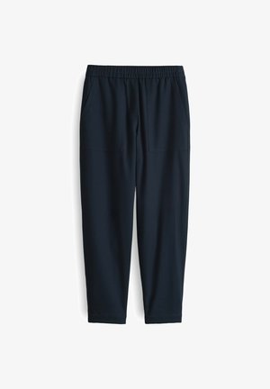 Marineblauwe, lichtgewicht broek met een elastische tailleband, twee voorzakken en een losse pasvorm. Gladde textuur en enkellaags ontwerp.