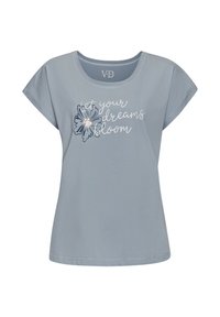 Light blue short-sleeve t-shirt with a round neckline and floral graphic. Text reads "let your dreams bloom," with a smooth cotton texture.