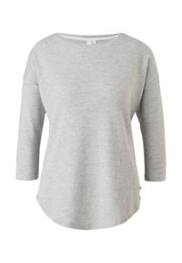 Light grey long-sleeve top with a wide neckline, rounded hem, and soft, textured fabric. Features drop shoulders and side slits.