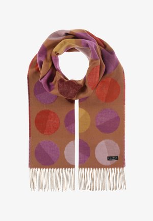 Pruun sall, millel on värvikas geomeetriline muster, suurete rosettide kujutistega, mis on värvitud lillasse, punasesse, kollasesse ja roosasse, ääristatud frangeeritud servadega.