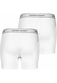 Des boxers blancs en tissu lisse. Dotés d'une ceinture élastique grise avec "carhartt" imprimé en noir. Deux paires exposées.