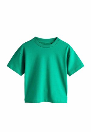 Grünes Baumwoll-T-Shirt mit kurzen Ärmeln, Rundhalsausschnitt und lässigem Schnitt. Glatte Textur mit gleichmäßiger Farbe ohne Muster oder Akzente.