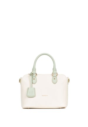 Lichtbeige handtas met mintgroene accenten, gestructureerd materiaal, ronde handvatten, verguld beslag en een decoratieve tag.