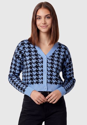 Junge Frau mit glatten braunen Haaren, die eine blau-schwarz karierte Strickjacke und schwarze Hosen trägt, Hände vor der Taille verschränkt.