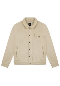 Beige Jeansjacke mit weichem Kragen, vorderem Knopfverschluss, zwei seitlichen Taschen und einer Brusttasche. Strukturiertes Gewebe und dezente Naht.