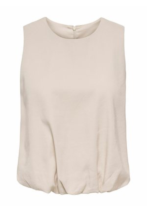 Ærmeløs beige bluse med rund halsudskæring og rynket kant, med lynlås bagpå.