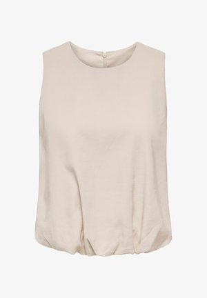 Ærmeløs beige bluse med rund halsudskæring og rynket kant, med lynlås bagpå.