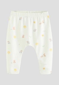 Pantalons pour bébé de couleur claire avec une taille élastique, présentant un motif ludique d'animaux et de soleils en teintes pastel sur un tissu doux.