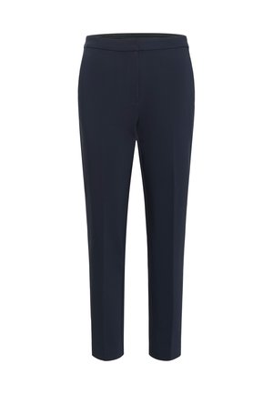 Pantaloni sobră, croiți dintr-un material neted, de culoare bleumarin, cu un fit slim, prezentând un tiv plat și fără buzunare vizibile sau detalii decorativa.