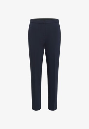 Sötétkék szabott nadrág sima szövetből, karcsú fazonnal, lapos derékkal és láthatatlan zsebek vagy díszítések nélkül.