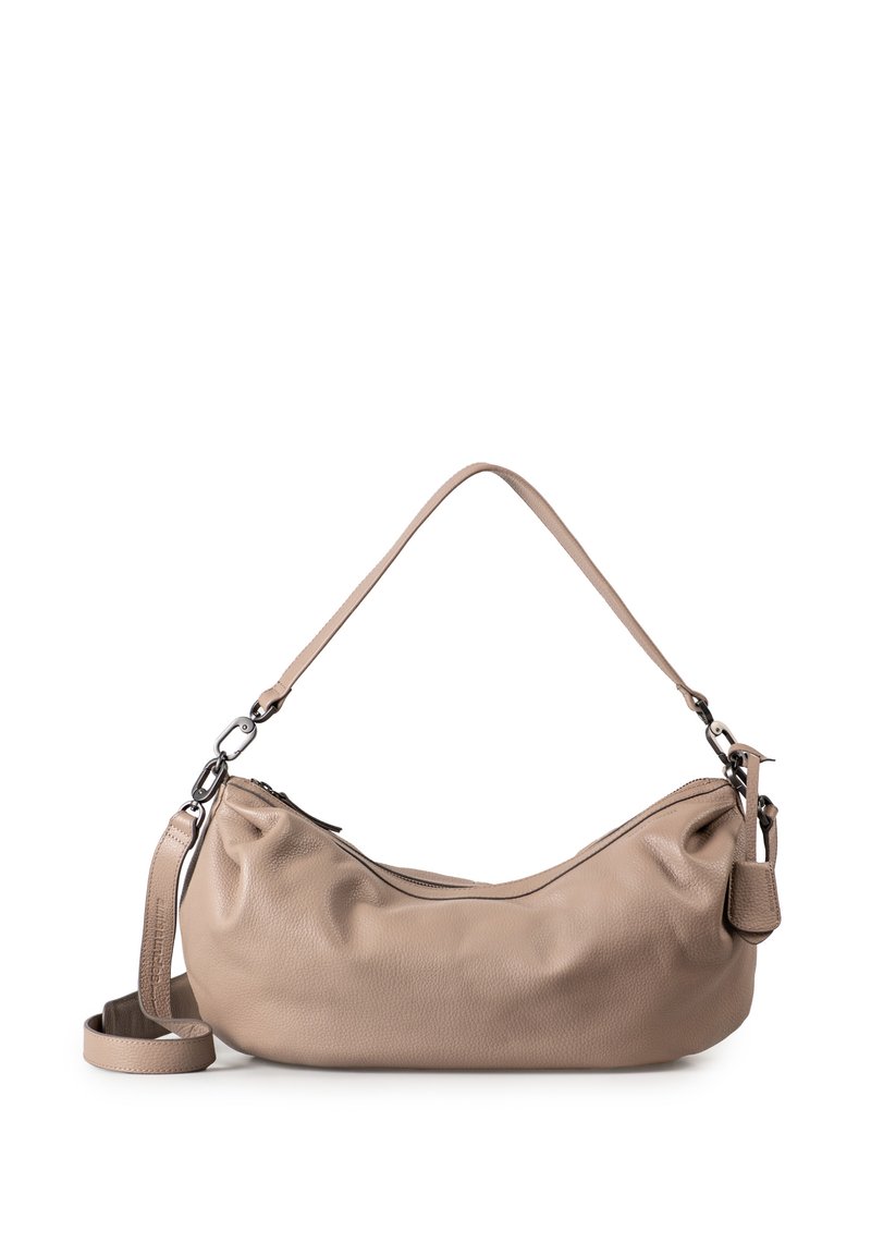Beige lederen schoudertas met een ronde vorm, enkele schouderband en ritsluiting. Getextureerd oppervlak en een verstelbare, afneembare schouderband.