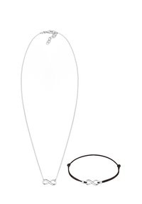 Halskette aus Sterling-Silber mit einem Infinity-Symbol-Anhänger; beinhaltet ein schwarzes geflochtenes Lederarmband mit einem passenden Infinity-Anhänger.