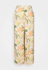 Pantalon à jambes larges avec taille haute et imprimé floral aux nuances de pêche, jaune, vert et beige sur fond blanc.