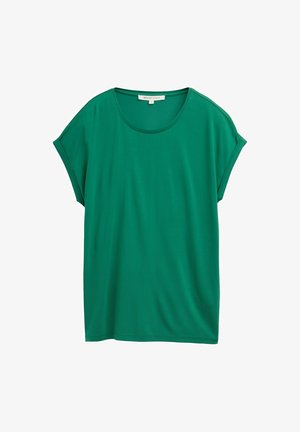 Zelena majica s kratkimi rokavi, izdelana iz gladkega materiala, z okroglim izrezom in ohlapnim krojem. Brez vidnih vzorcev ali dodatkov.