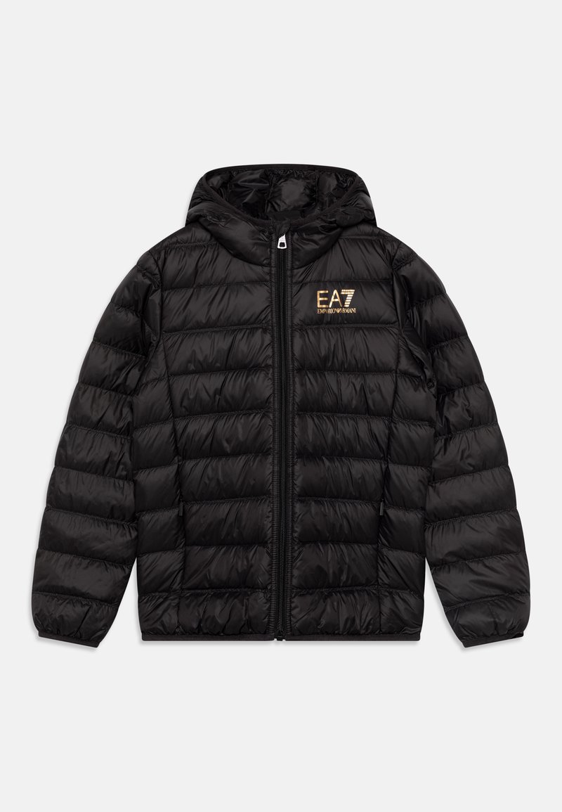 Schwarze Pufferjacke mit Kapuze, gesteppten Textur, Frontreißverschluss und EA7-Logo in Gold auf der linken Brust. Kompakte, leichte Ausführung.