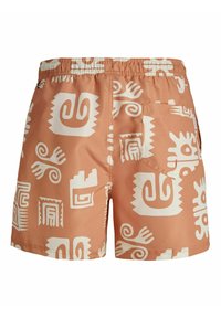 Heren zwembroek in terracotta met grote witte abstracte patronen, elastische tailleband en een achterzak, gemaakt van lichtgewicht, sneldrogend materiaal.