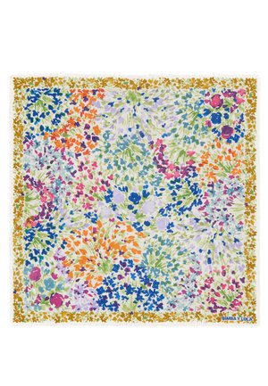 Colorful floral print scarf featuring vibrant hues of orange, pink, blue, and green on a white background, with a fringed edge.