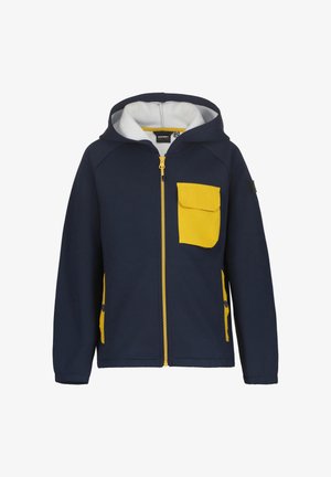 Marineblaue Kapuzenjacke mit gelben Akzenten, Frontreißverschluss, strukturiertem Stoff und kontrastierendem Innenfutter. Verfügt über eine große gelbe Tasche.