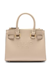 Sac à main beige fabriqué en matériau synthétique texturé, avec des accessoires dorés, des poignées doubles et un logo en relief à l'avant.