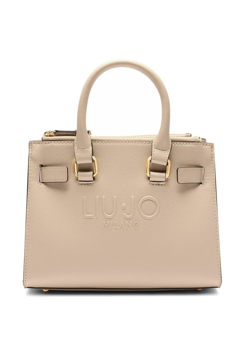 Sac à main beige fabriqué en matériau synthétique texturé, avec des accessoires dorés, des poignées doubles et un logo en relief à l'avant.