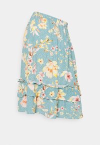 Floral tiered skirt in light blue fabric with pink and yellow flowers. Features ruffled hem and elastic waistband. Lightweight and textured material.