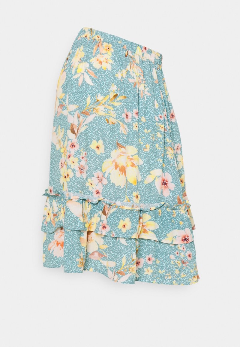 Floral tiered skirt in light blue fabric with pink and yellow flowers. Features ruffled hem and elastic waistband. Lightweight and textured material.