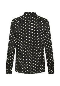 Fekete ing, melyen gombos gallér, hosszú ujjú és krémszínű pöttyös mintázat található. Az anyag simának tűnik, enyhe fényességgel.