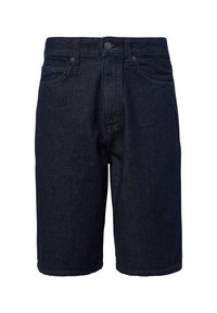 Ciemnoniebieskie szorty dżinsowe z klasycznym pięciopocketowym wzornictwem, zapięcie na guzik i prosty krój nogawek. Teksturowany materiał z lekkim połyskiem.