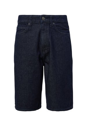Shorts en denim bleu foncé avec un design classique à cinq poches, fermeture à bouton et coupe droite. Tissu texturé avec un léger éclat.