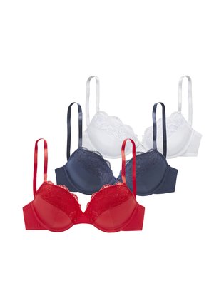 Three lace bras in red, navy blue, and white, arranged in a stacked row with adjustable straps visible.