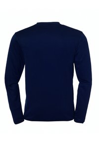 Marineblaues Langarmshirt aus glattem Stoff, mit Rundhalsausschnitt und tailliertem Schnitt, ohne sichtbare Logos oder Muster.