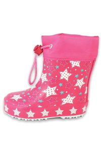 Roze rubberen regenlaars met een omvouwbare kraag, sterpatronen in het wit en blauw, en een gestructureerde zool voor grip. Inclusief trekkoordsluiting.