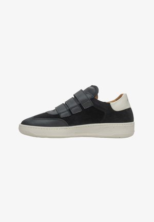 Black suede and leather sneaker with three velcro straps and a white rubber sole. Features a smooth finish and contrasting heel detail.