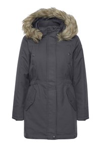 Grå vinterjacka med foder av päls runt huvan, dragkedja och knappstängning fram, dragsko i midjan och två sidofickor. Tyget verkar slätt och varmt.