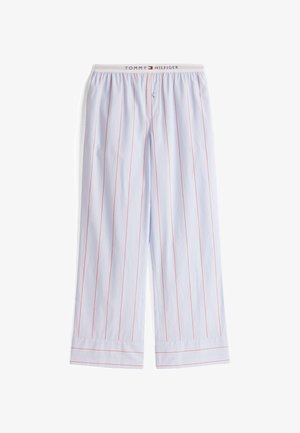 Pantaloni de pijama de culoare albastru deschis, cu dungi verticale roșii, talie elastică și o croială lejeră. Țesătura pare netedă, cu o textură fermă.