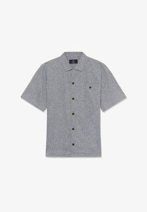 Lühikeste varrukatega hall tekstuuriga särk, mille keskel on mustad nupud ja üks rinnatasku nupuga sulgemiseks.