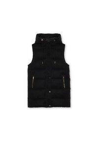 Chaleco acolchado negro con capucha, que presenta un diseño acolchado, dos bolsillos frontales con cremallera y detalles dorados en las cremalleras y los cordones.