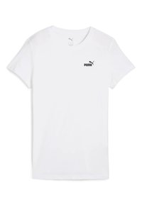 Hvid kortærmet t-shirt lavet af bomuld, med et sort Puma-logo på brystet. Klassisk pasform med rund halsudskæring. Glat tekstur.