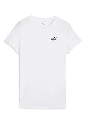 Camiseta blanca de manga corta hecha de algodón, con un logo negro de Puma en el pecho. Corte clásico con escote redondo. Textura suave.