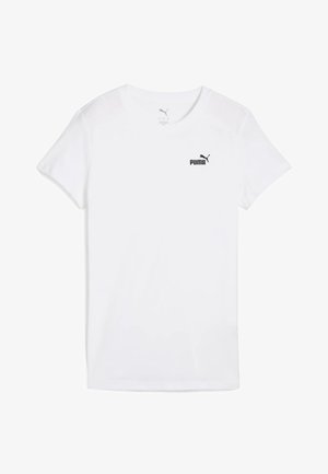 T-shirt blanc à manches courtes en coton, avec un logo Puma noir sur la poitrine. Coupe classique avec un col rond. Texture lisse.