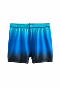 Blauwe en zwarte zwembroek met een ombre-patroon, gladde textuur, elastische tailleband en gestikte naden voor duurzaamheid.