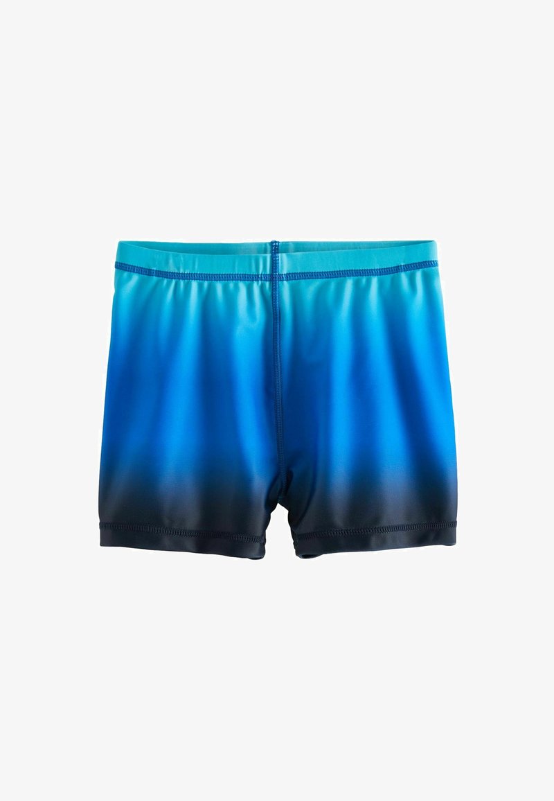 Blaue Gradient-Badeshorts mit dunkelblauem Bund und Naht, die von hellem Blau zu Schwarz am unteren Rand verblassen.