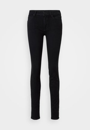 Schwarze Röhrenjeans aus Denim, mit klassischem Fünf-Taschen-Design, vorderem Knopfverschluss und leichtem Stretch für mehr Komfort.