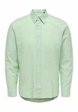 Lys grønn langermet skjorte med knappestolpe, spiss krage og avrundet kant, laget av teksturert stoff.