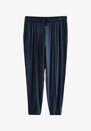Dark blue, soft fabric sweatpants with an elastic waistband and adjustable drawstring. Features tapered legs and a smooth texture.