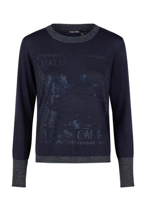 Marineblauer Pullover mit langen Ärmeln, silbernem Besatz und strukturiertem Design mit der Landschaft der Insel Caprera sowie den Schriftzügen "Italia" und "Caprera".