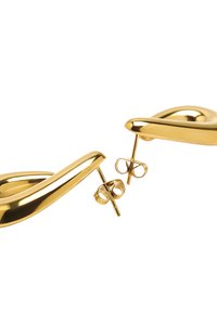 Złote kolczyki wkręty z gładkim, zaokrąglonym wzorem. Wyraźne detale obejmują zaokrąglone krawędzie oraz pewny mechanizm mocowania.