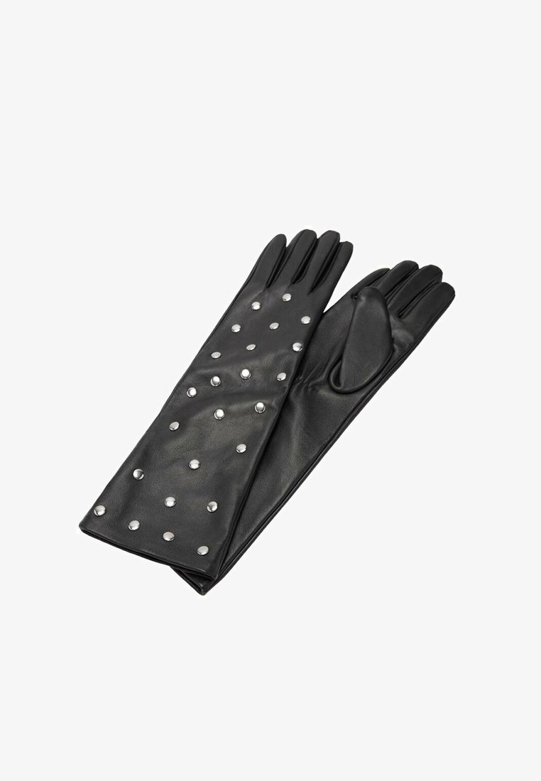 Guanti in pelle nera con dita lunghe, caratterizzati da borchie argentate disposte in un motivo. Texture liscia con una vestibilità aderente al polso.